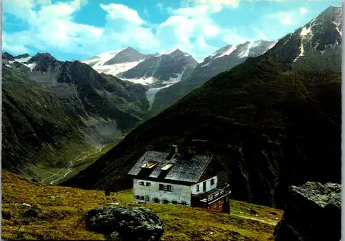 4148 - Tirol , Riffelseehütte gegen Mittelberg Talschluß und Braunschweigerhütte mit Pitztaler Jöchl , Karleskopf , Innere schwarze Schneid , linker Fernerkogel , Grabkogel , Pitztal - nicht gelaufen