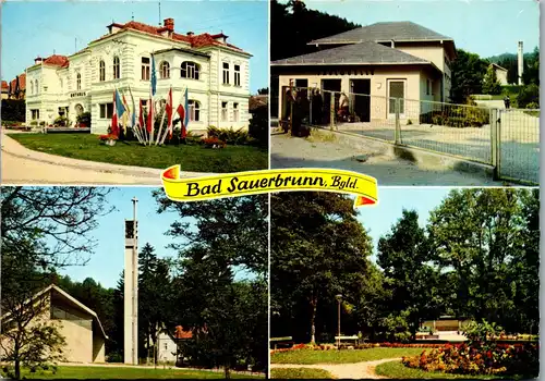 4328 - Bad Sauerbrunn , Paulquelle , Rathaus , Kurpark , Pfarrkirche - gelaufen 1975