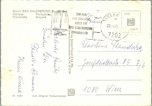 4328 - Bad Sauerbrunn , Paulquelle , Rathaus , Kurpark , Pfarrkirche - gelaufen 1975