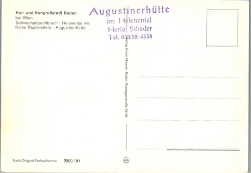 4440 - Baden bei Wien , Grüße aus dem Helenental , Schwechatdurchbruch , Ruine Rauhenstein , Augustinerhütte - nicht gelaufen