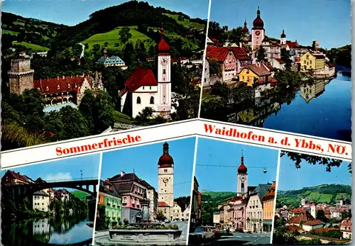 4490 - Waidhofen an der Ybbs , Partie an der Ybbs , Forellenbrunnen , und Stadtturm , Blick gegen Sonntagsberg - gelaufen 1974