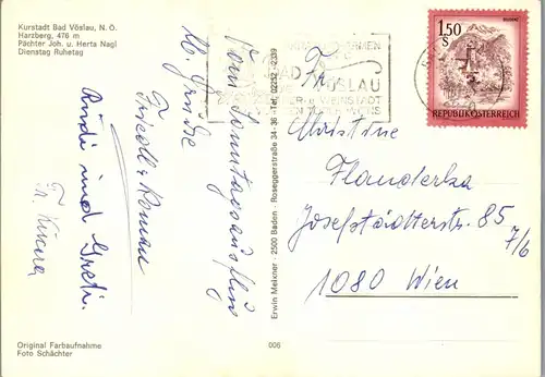 4498 - Bad Vöslau , Harzberg , Gaststätte am Harzberg , Johann und Herta Nagl - gelaufen 1974