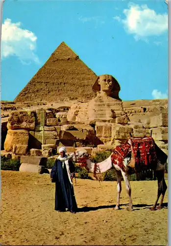 4515 - Giza , the great Sphinx and Khephren Pyramid , Kamel - gelaufen 1980