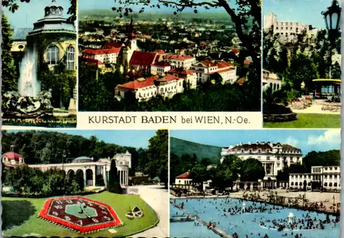 4735 - Niederösterreich , Baden bei Wien , Undinebrunnen , Cafe Sacher , Ruine Rauhenstein , Blumeniuhr , Trinkhalle , Strandbad - nicht gelaufen