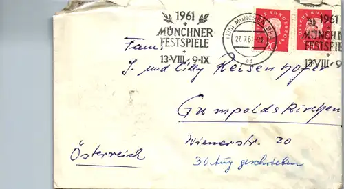 4808 - Briefmarke - Brief , München nach Gumpoldskirchen , Stempel Münchner Festspiele , leer - gelaufen 1961