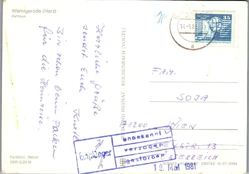 4819 - Deutschland - Wernigerode , Harz , Rathaus , unbekannter Empfänger , Stempel - gelaufen 1981