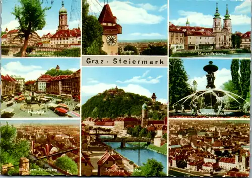 4848  - Steiermark , Graz , Hauptplatz , Schloßberg , Franziskanerkirche , Stadtparkbrunnen - gelaufen 1976