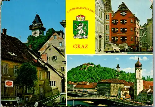 4850  - Steiermark , Graz , Freiheitsplatz mit Uhrturm , Goldene Pastete , Sporgasse , Blick auf Schloßberg - gelaufen 1975