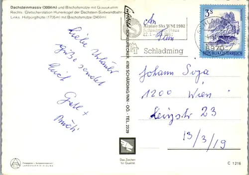 4869  - Steiermark , Dachsteinmassiv , Bischofsmütze , Gosaukamm , Hunerkogel , Südwandbahn , Hofpürglhütte - gelaufen 1981