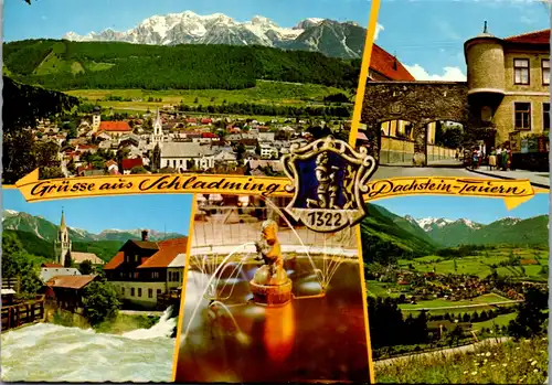 4961  - Steiermark , Schladming mit Dachsteingruppe , altes Stadttor , Talbach , Dachstein Tauern - gelaufen 1977