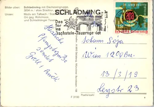 4961  - Steiermark , Schladming mit Dachsteingruppe , altes Stadttor , Talbach , Dachstein Tauern - gelaufen 1977