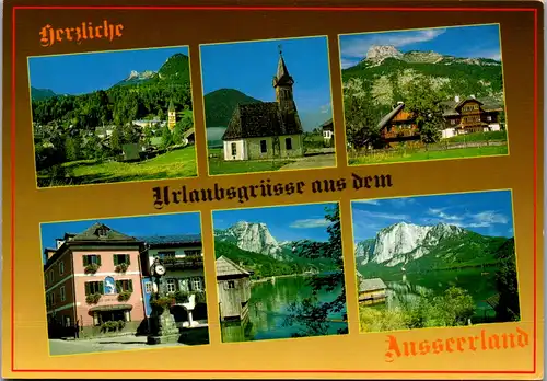 5129  - Steiermark , Ausseerland , Bad Aussee mit Loser , Gössler Dorfkirche , Grundlsee mit Backstein , Altausseersee mit Trisselwand - gelaufen 1990