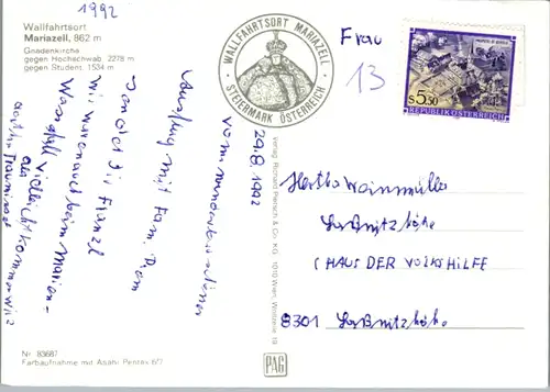 5228  - Steiermark , Mariazell , Wallfahrtsort , Gnadenkirche gegen Hochschwab , Student - gelaufen 1992