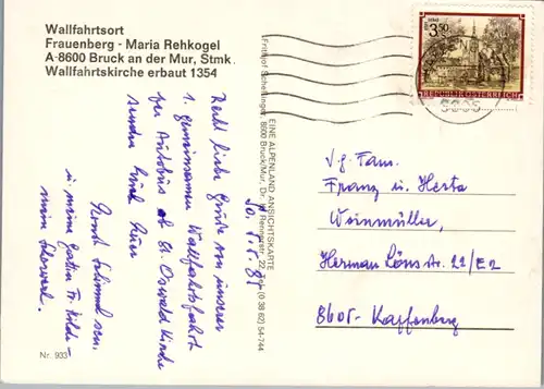 5272  - Steiermark , Bruck an der Mur , Frauenberg , Maria Rehkogel , Wallfahrtskirche - gelaufen 1985