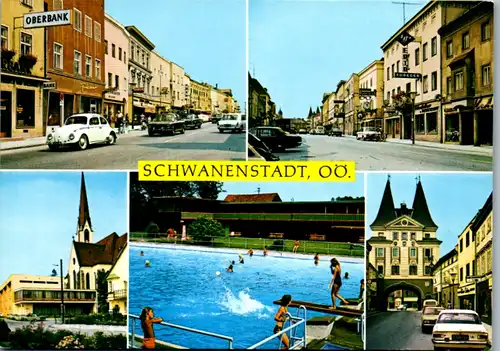 5409  - Oberösterreich , Schwanenstadt , Straßenmotiv , Schwimmbad , Auto - gelaufen 1974