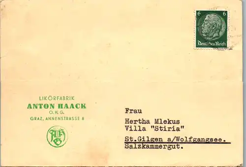 5502  - Geschäftspostkarte Likörfabrik Anton Haack , Graz nach St. Gilgen - gelaufen 1938