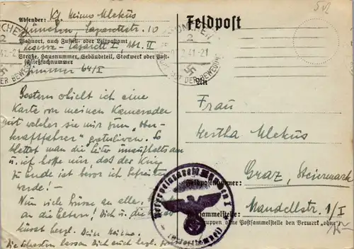 5512 Deutschland - Feldpost München nach Graz - gelaufen 1941