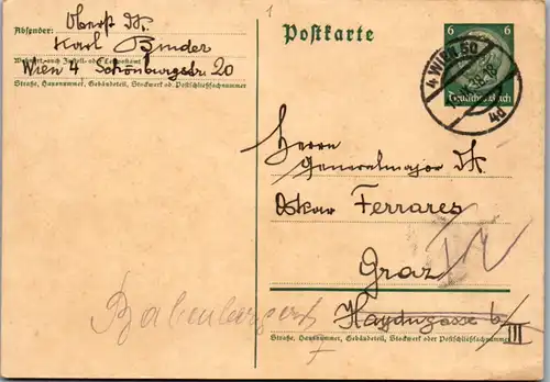 5545  - Ganzsache , Wien nach Graz , Herrliche Handschrift - siehe Rückseite - gelaufen 1938