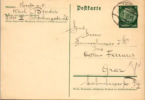 5547  - Ganzsache , Wien nach Graz , Herrliche Handschrift - siehe Rückseite - gelaufen 1938