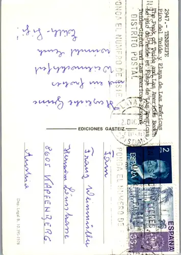 5551 Spanien - Tenerrifa , Teide Gipfel und Las Americas Strand - gelaufen 1978