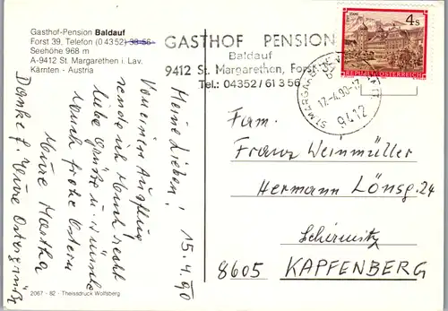 5682 - Kärnten - St. Margarethen im Lavantal , Gasthof Pension Baldauf - gelaufen 1990