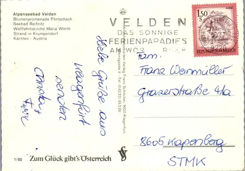 5689 - Kärnten - Velden , Alpenseebad , Blumenpromenade Pörtschach , Seebad Reifnitz , Mehrbildkarte - gelaufen 1977