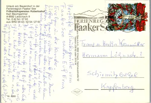 5692 - Kärnten - Latschach , Faaker See , Frühstückspension Hubertushof , Karl Baumgartner , Gailtal - gelaufen 1990