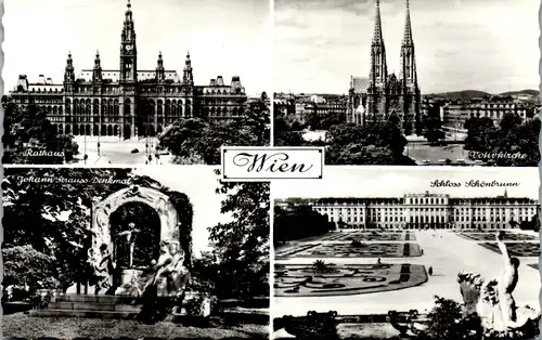 5772 - Wien - Mehrbildkarte , Rathaus , Johann Strauß Denkmal , Votivkirche - gelaufen 1963