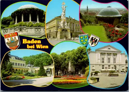 5791 - Niederösterreich - Baden bei Wien , Beethoventempel , Pestsäule , Blumenuhr , Kurpark , Stadttheater - gelaufen 1987