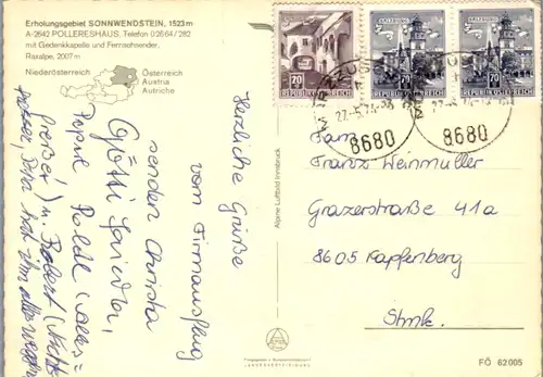 5800 - Niederösterreich - Pollereshaus , Sonnwendstein , Raxalpe , Fernsehsender - gelaufen 1974