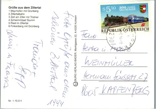 5962 - Tirol - Zillertal , Mayrhofen mit Grünberg , Zillertalbahn , Schwinnbad , Mehrbildkarte - gelaufen 1994