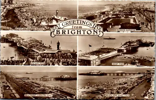 6093 - Großbritannien - Brighton , Beach and Marine Parade , Sunken Gardens , West Pier , Mehrbildkarte - gelaufen 1959