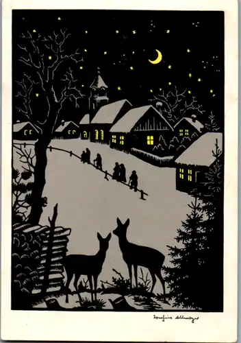 6110 - Künstlerkarte - Scherenschnitt , Frohe Weihnachten , Gesegnetes neues Jahr , Josefine Allmayer  - gelaufen 1956