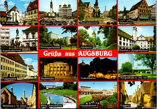 6147 - Deutschland - Augsburg , Fuggerpalast , Perlachturm , Fuggerei , Mehrbildkarte - gelaufen 1994