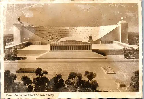 6162 - Deutschland - Nürnberg , Das Deutsche Stadion , Modellaufnahme , Blick über die Standartenhalle in die Kampfbahn - gelaufen 1938