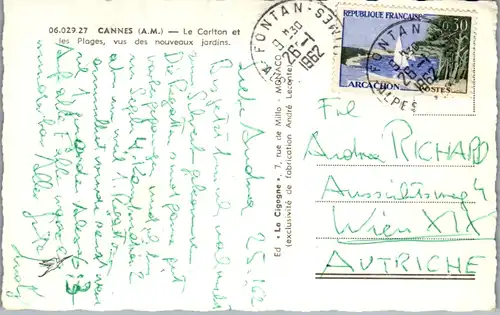 6202 - Frankreich - Cannes , La Cote d'Azur , Le Carlton et les Plages , vus des nouveaux jardins - gelaufen 1962