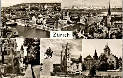 6217 - Schweiz - Zürich , Pfalzgasse , Hans Waldmann Denkmal mit Grossmünster , Landesmuseum , Mehrbildkarte - gelaufen 1953