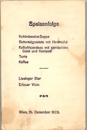 6286 - Wien - Speisekarte v. 1923 , Rückseite Auflistung Verstorbene