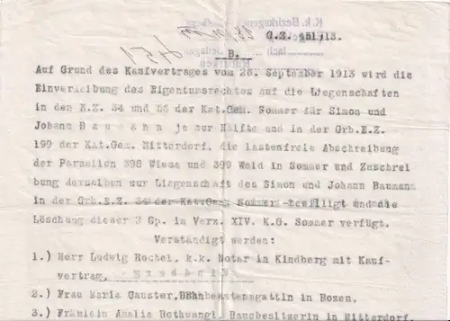 6314 - Österreich - K. u. K. Bezirksgericht Kindberg , Einverleibung des Eigentumsrecht , Grundstück in Mitterdorf v. 1913