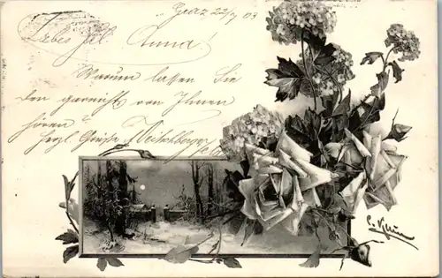 6417 -  - Gemälde mit Blumen , signiert - gelaufen 1903