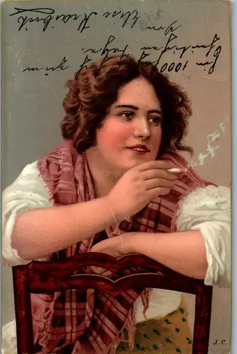 6448 -  - Frau raucht Zigarette , Rauchen , J. C. , signiert - gelaufen 1903