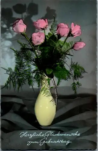 6458 -  - Herzliche Glückwünsche zum Geburtstag , Vase mit Rosen - gelaufen