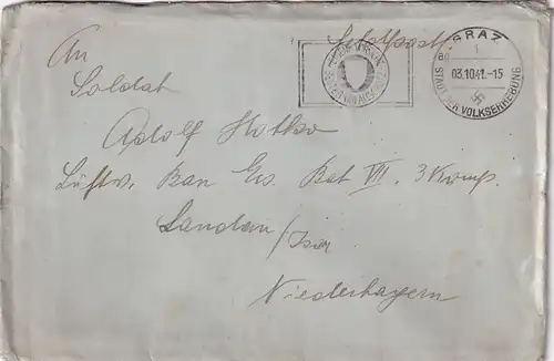 6658 - Österreich - Feldpost , Brief , Graz - Landau , Isar , Niederbayern -  1941