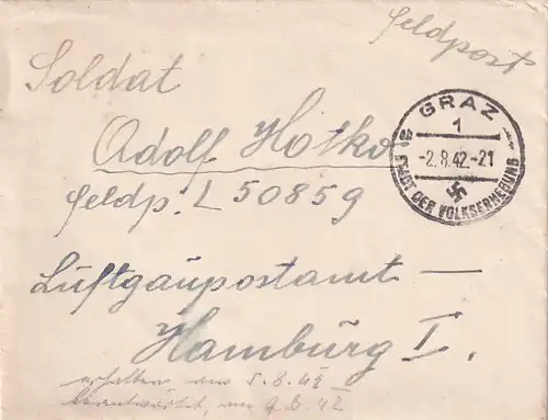 6659 - Österreich - Feldpost , Brief , Graz - Hamburg -  1942