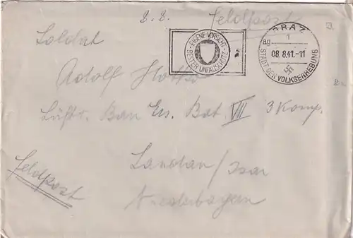 6692 - Österreich - Feldpost , Brief , Graz - Landau , Isar , Niederbayern -  1941
