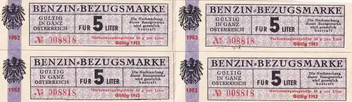 6722 - Österreich - Österreich , Benzinbezugsmarke für 5 Liter , 4er Block , 1952