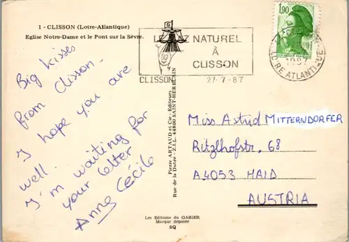 6818 - Frankreich - France , Clisson , Loire Atlantique , Eglise Notre Dame et le Pont sur la Sevre - gelaufen 1987