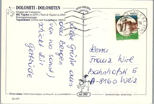 6978 - Italien - Dolomiti , Gruppo del Catinaccio , Rif. Vajolet , Rosengartengruppe , Vajotelhütte , Vajolettürme - gelaufen 1996