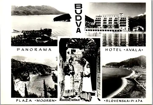 7050 - Montenegro - Budva , Hotel Avala , Plaza Mogren , Narodne Nosnje , Mehrbildkarte - nicht gelaufen 1959