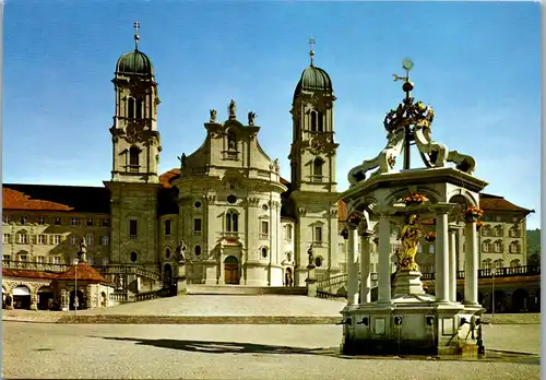 7126 - Schweiz - Einsiedeln , Marienbrunnen mit Kloster , Brunnen - nicht gelaufen